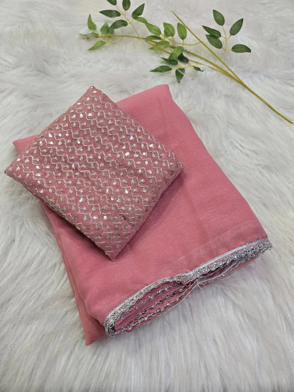 Women's Pink Organza Sequin Work Saree with Embroidered Blouse | Lightweight Bollywood Style Saree for Wedding & Festive Wear