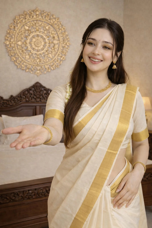 Elegant White & Gold Modern Kasavu Cotton Silk Saree
