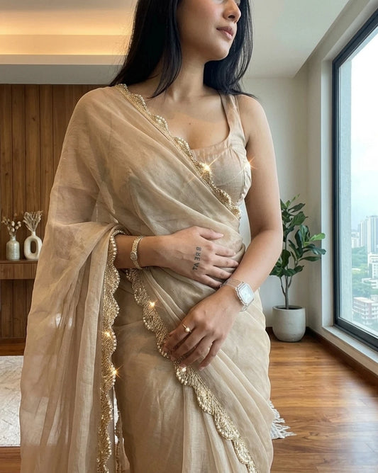 ✨ Elegant Beige Multicolor Sequin Work Satin Saree
