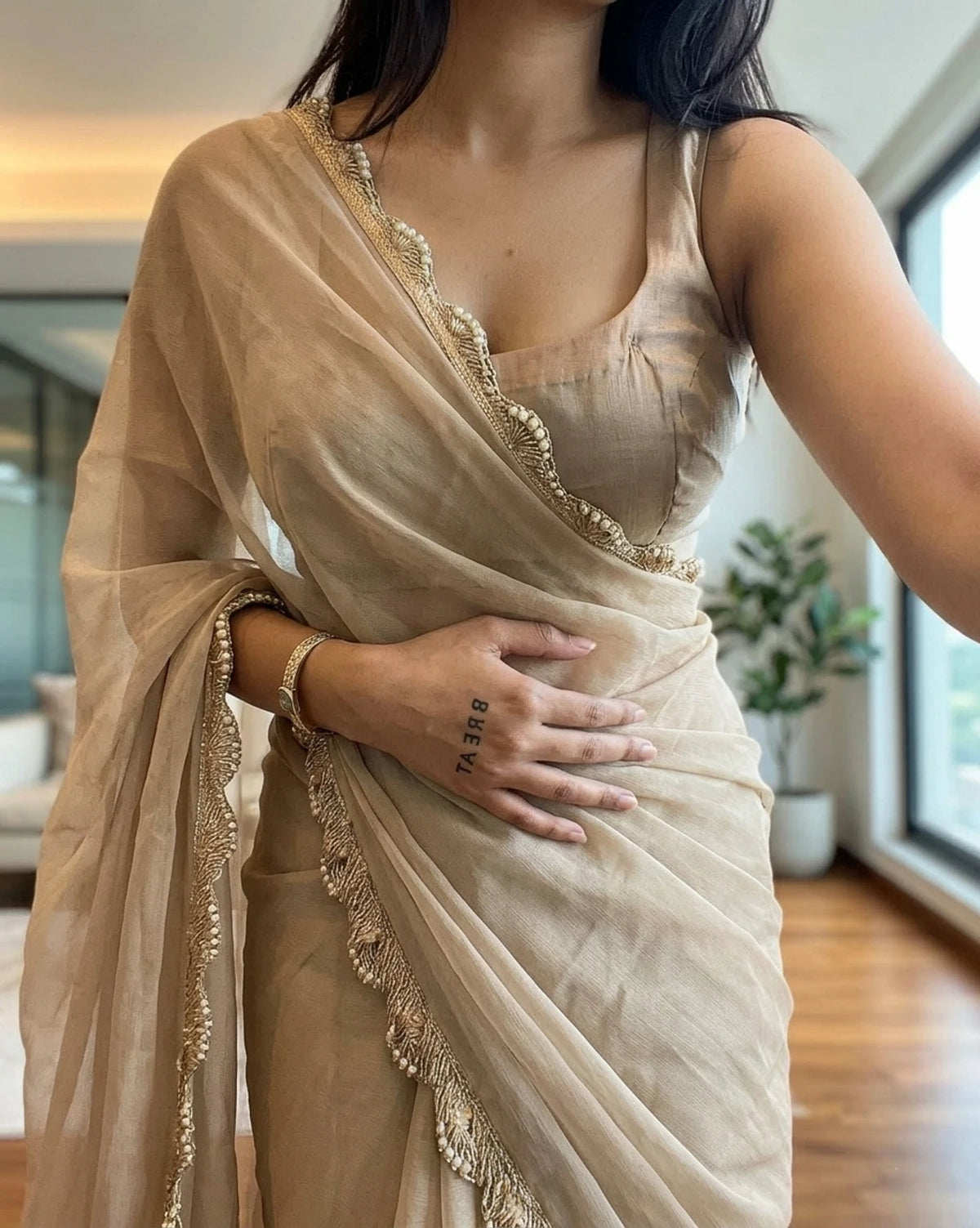 ✨ Elegant Beige Multicolor Sequin Work Satin Saree