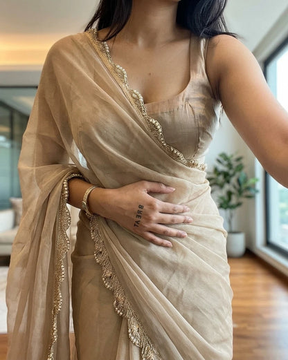 ✨ Elegant Beige Multicolor Sequin Work Satin Saree