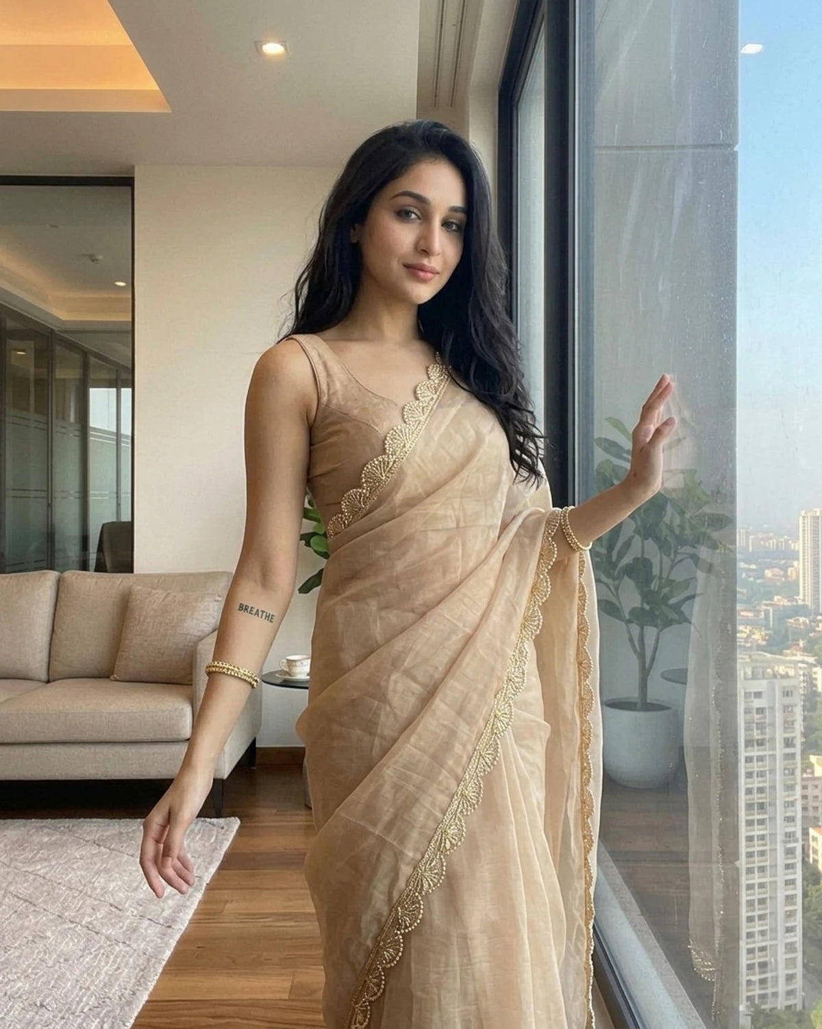 ✨ Elegant Beige Multicolor Sequin Work Satin Saree