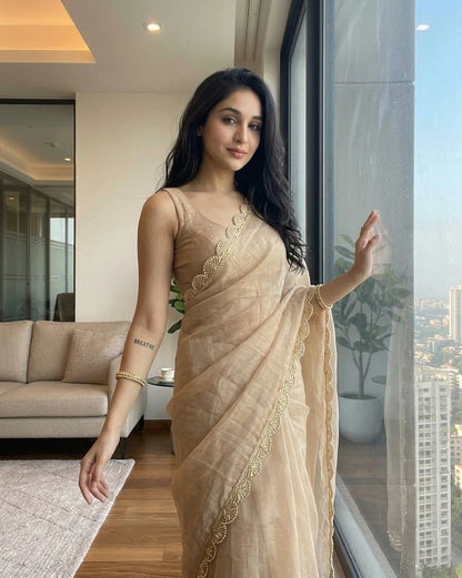 ✨ Elegant Beige Multicolor Sequin Work Satin Saree
