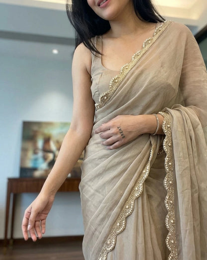 ✨ Elegant Beige Multicolor Sequin Work Satin Saree