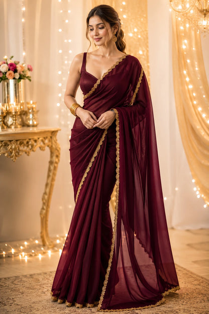 Maroon Georgette Embellished Saree with Zari & Bead Work