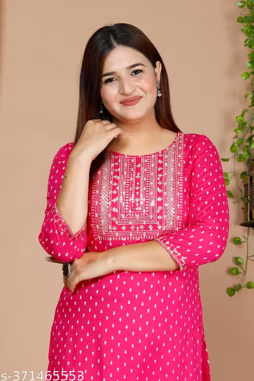 Women's Pink Embroidered Rayon Straight Kurti | Comfortable Daily &amp; Casual Wear