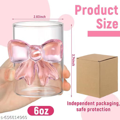 3D Pink Bow Transparent Glass Cup 250ml | Cute Borosilicate Coffee, Tea & Juice Mug | Aesthetic Drinkware for Girls & Women