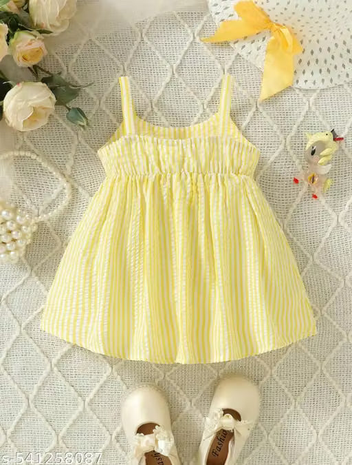 Girls Cute Yellow Striped A-Line Frock & Dress with Bow