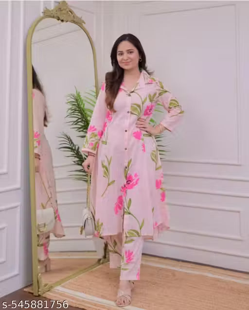 Women's Pink Floral Printed Kurta Set | Cotton Blend A-Line Kurta with Pants