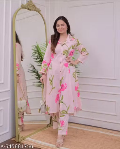 Women's Pink Floral Printed Kurta Set | Cotton Blend A-Line Kurta with Pants