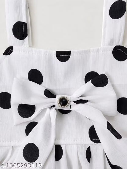 Girls White Polka Dot Sleeveless Frock Dress with Bow