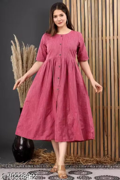 Chitrarekha Women's Cotton Pleated Front Slit Dress | Elegant Solid Casual & Everyday Wear