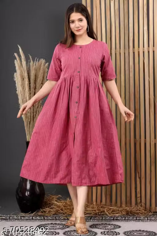 Chitrarekha Women's Cotton Pleated Front Slit Dress | Elegant Solid Casual & Everyday Wear