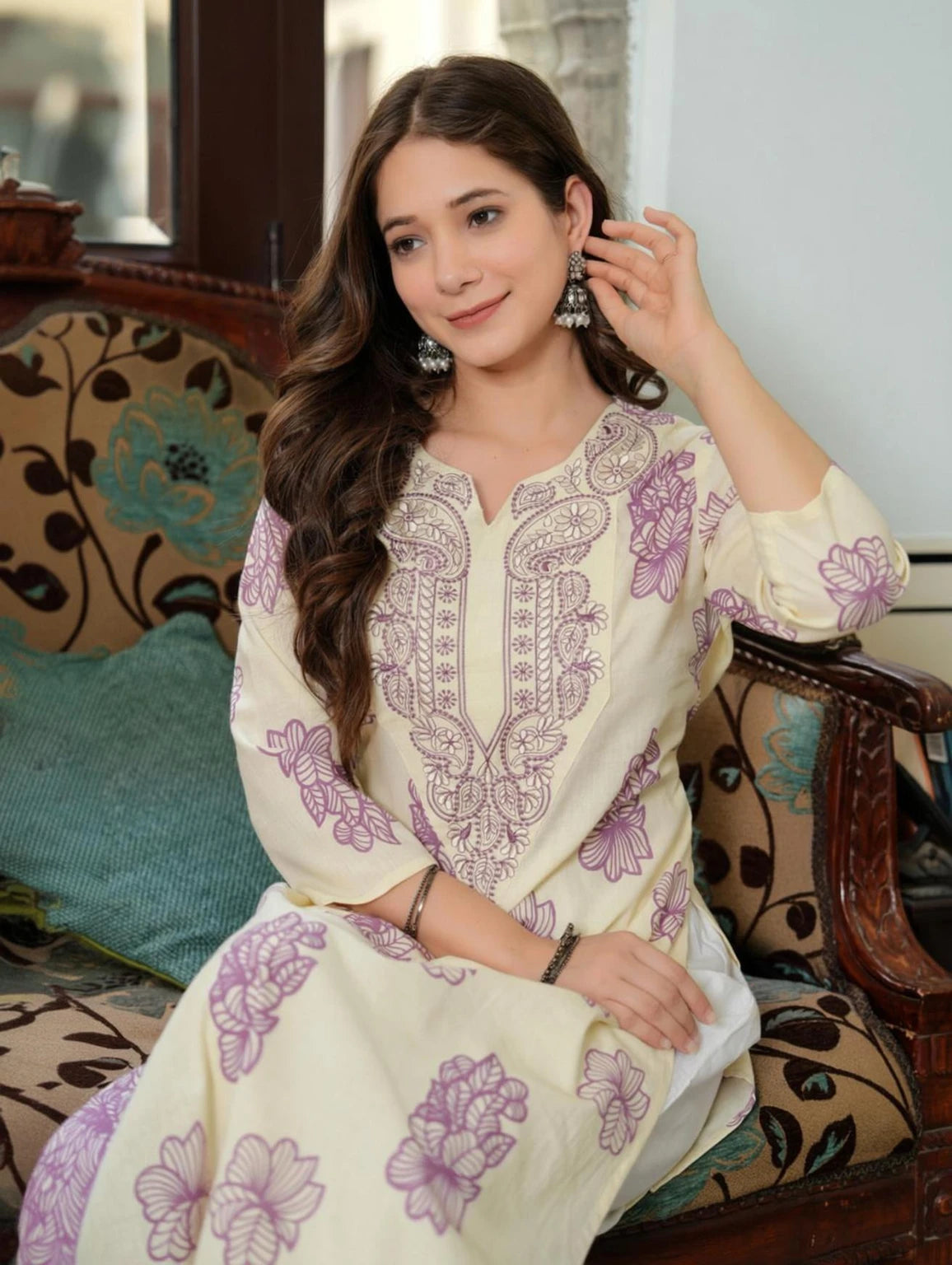 Women's Purple Cotton Floral Printed Kurti | Embroidered Festive & Party Wear