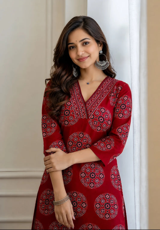 Hunaiza Printed Pure Cotton Straight Kurta for Women (Maroon)