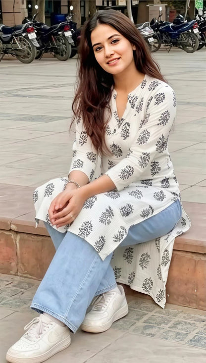 Women's White Pure Cotton Printed Straight Kurta | Floral Casual & Ethnic Wear