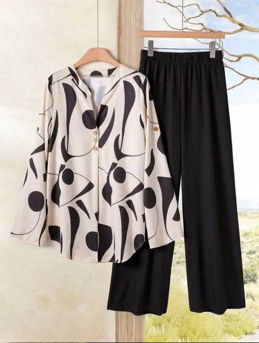 Women's Abstract Printed Flared Co-Ord Set | Stylish Viscose Rayon Top & Wide-Leg Pants