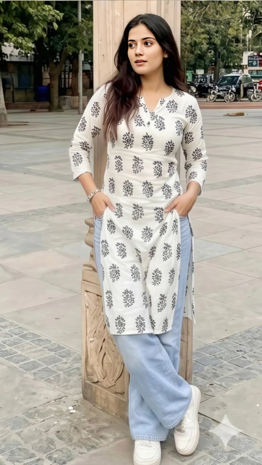 Women's White Pure Cotton Printed Straight Kurta | Floral Casual & Ethnic Wear