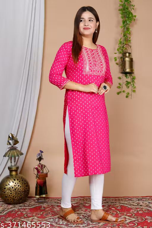 Women's Pink Embroidered Rayon Straight Kurti | Comfortable Daily &amp; Casual Wear