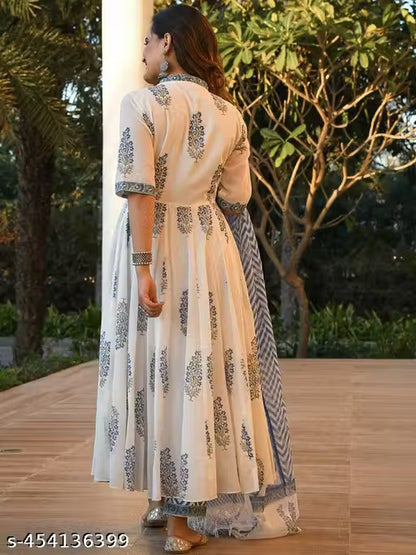 Women's Cotton Linen Anarkali Kurta Set with Dupatta & Bottomwear