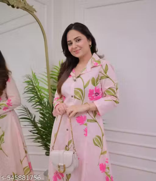 Women's Pink Floral Printed Kurta Set | Cotton Blend A-Line Kurta with Pants