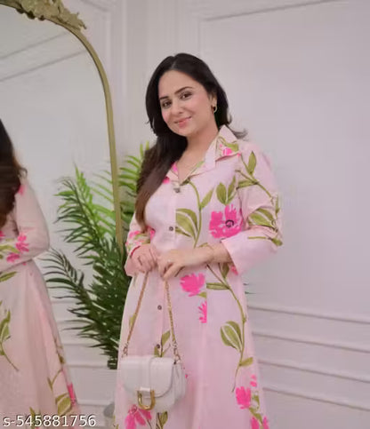 Women's Pink Floral Printed Kurta Set | Cotton Blend A-Line Kurta with Pants