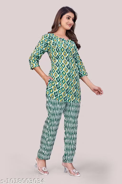 Women’s Printed Cotton Blend Kurta Pant Set – Daily Wear Ethnic Co-Ord Set