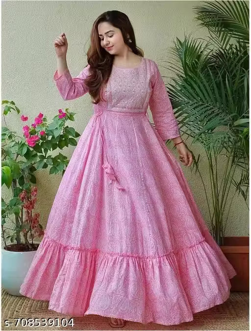 Trendy Pink Embroidered Rayon Long Gown Kurti for Women
