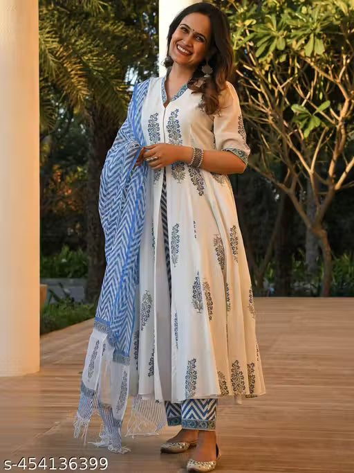 Women's Cotton Linen Anarkali Kurta Set with Dupatta & Bottomwear