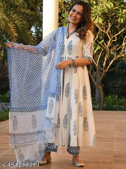 Women's Cotton Linen Anarkali Kurta Set with Dupatta & Bottomwear