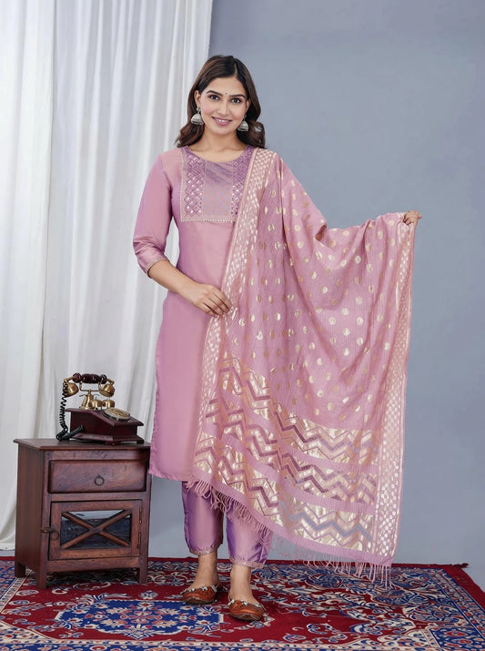 Women's Peach Silk Blend Kurta Pant & Dupatta Set | Elegant A-Line Ethnic Suit