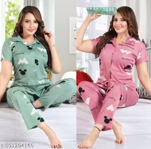 Women's Satin Printed Night Suit Set (Pack of 2) | Cartoon Print Co-Ord Pajama Set for Women & Girls