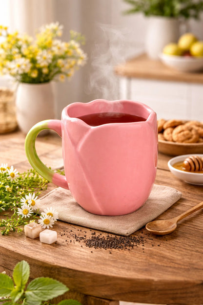 🌷💗 Pink Ceramic Tulip Shape Coffee Mug – 350ml Stylish Cup
