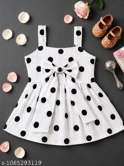 Girls White Polka Dot Sleeveless Frock Dress with Bow