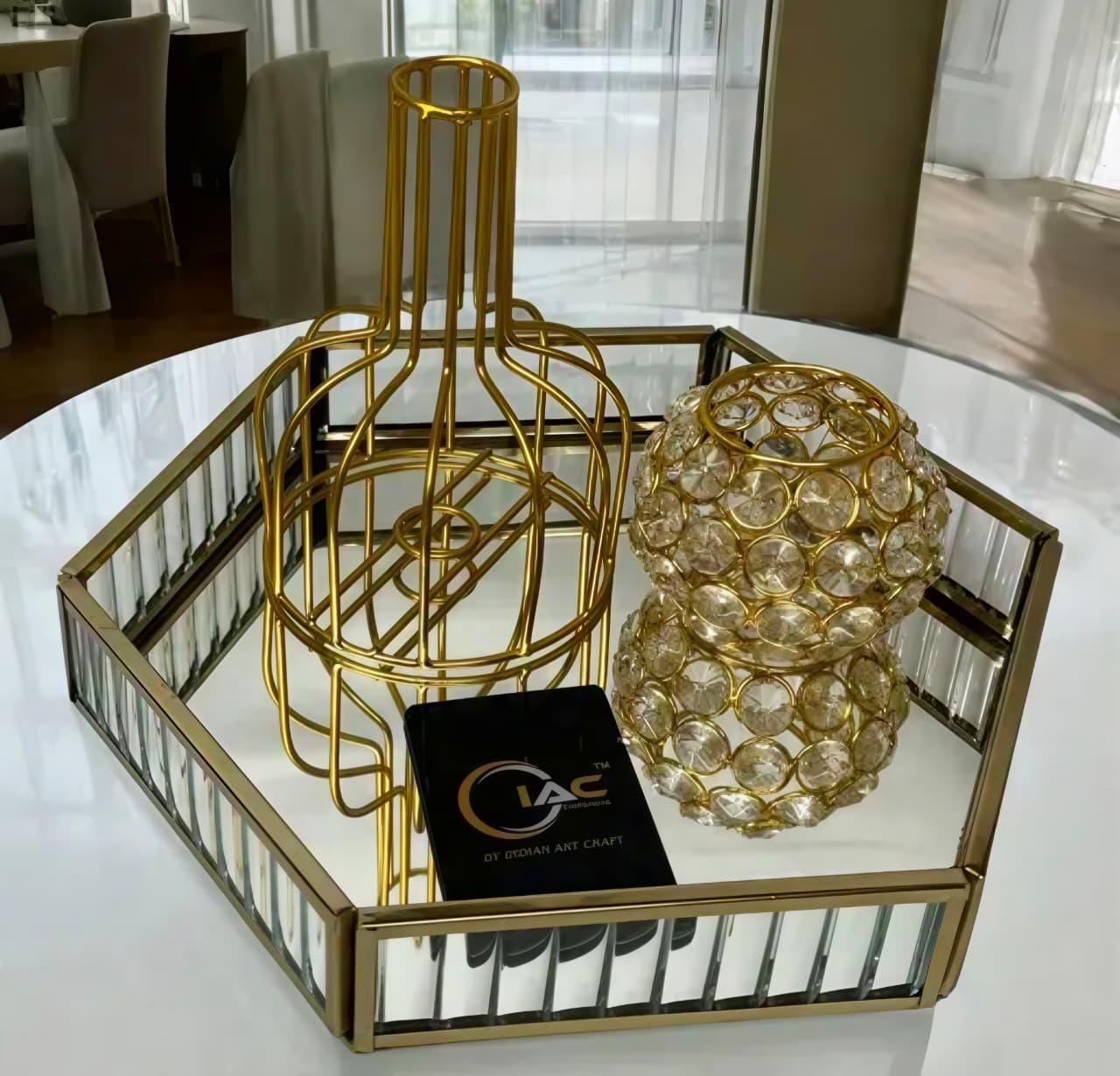 Glass Hexagon Mirror Tray | Gold Metal Vanity Organizer | Jewelry, Perfume & Decorative Display Tray (10 x 10 Inches)