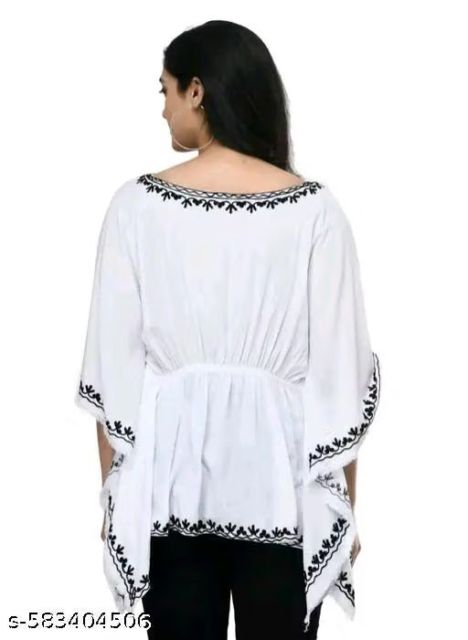 Stylish Women’s Ikat Print Rayon Slub Kaftan with Lace Border