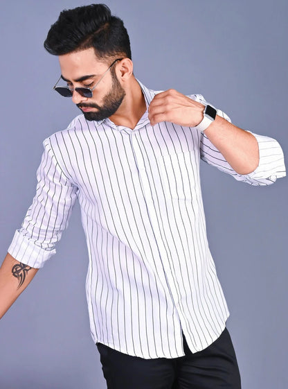 Men's Black & White Vertical Striped Slim Fit Shirt | Full Sleeve Casual & Smart Wear