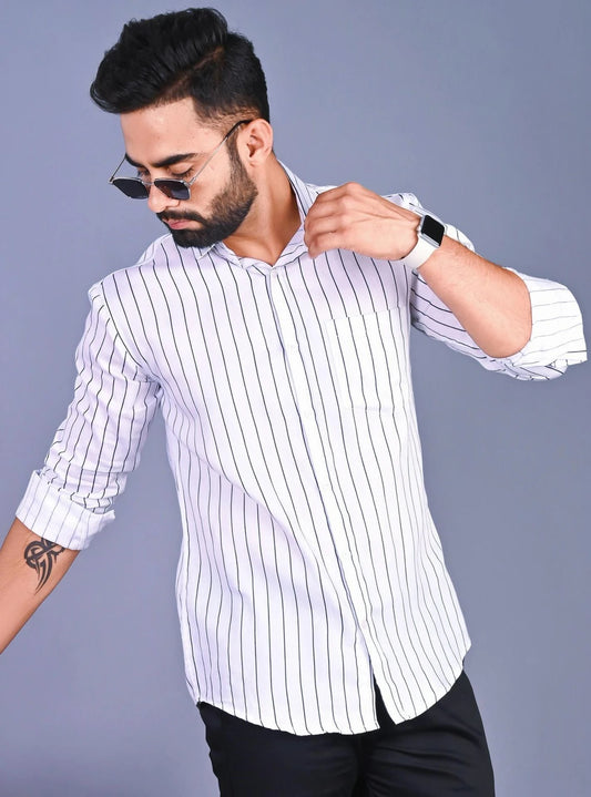 Men's Black & White Vertical Striped Slim Fit Shirt | Full Sleeve Casual & Smart Wear