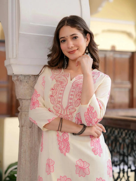 Women's Purple Cotton Floral Printed Kurti | Embroidered Festive & Party Wear