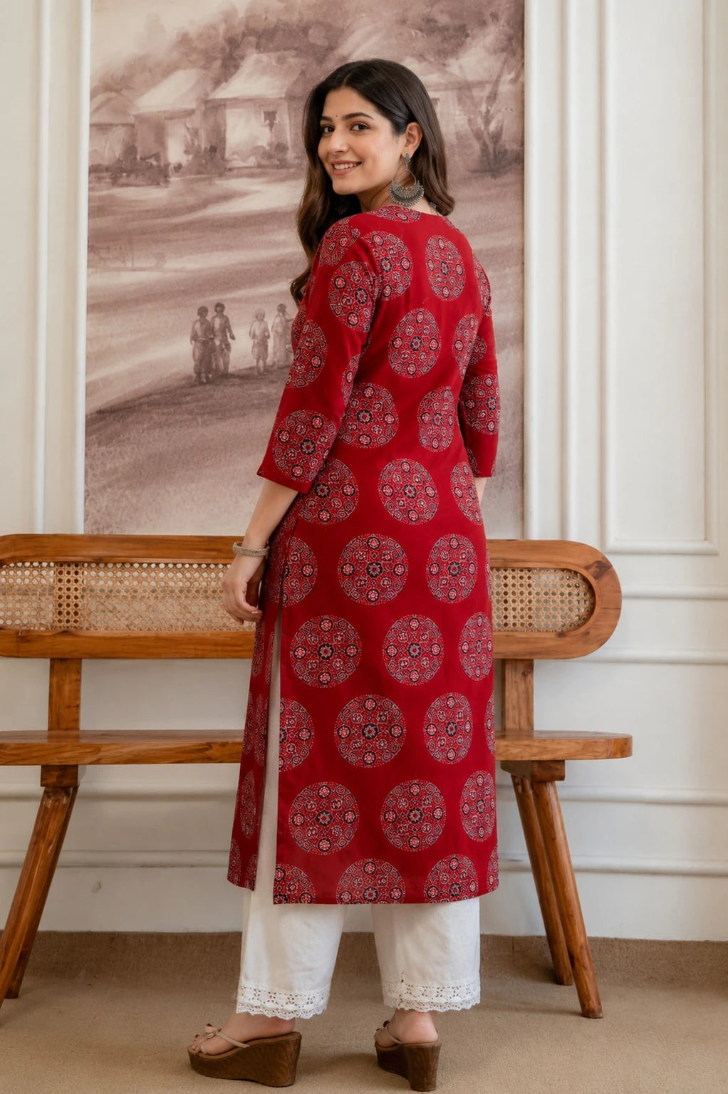 Hunaiza Printed Pure Cotton Straight Kurta for Women (Maroon)