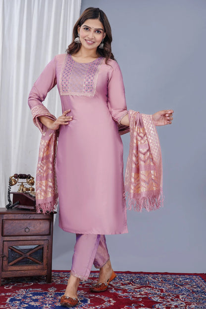 Women's Peach Silk Blend Kurta Pant & Dupatta Set | Elegant A-Line Ethnic Suit