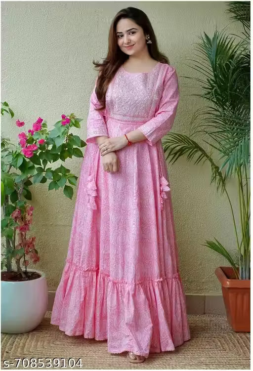 Trendy Pink Embroidered Rayon Long Gown Kurti for Women