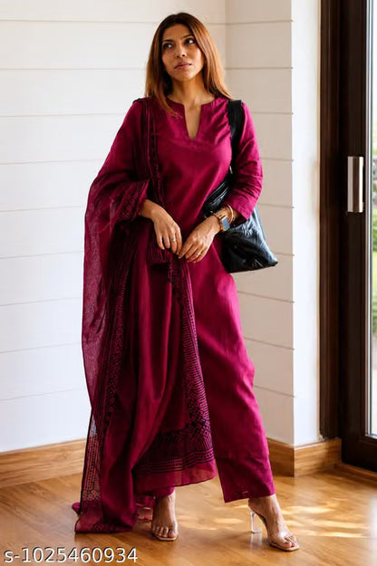 Elegant Pink Embroidered Kurti Set with Trousers & Chanderi Silk Dupatta