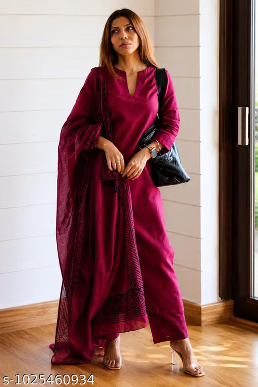 Elegant Pink Embroidered Kurti Set with Trousers & Chanderi Silk Dupatta