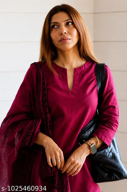Elegant Pink Embroidered Kurti Set with Trousers & Chanderi Silk Dupatta