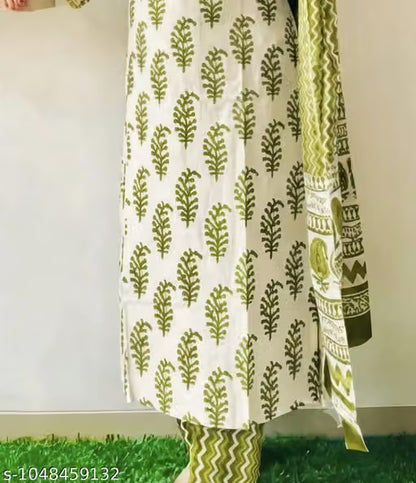 Ethnic Floral Block Printed Cotton Kurta Set with Green Dupatta – 3 Piece Set