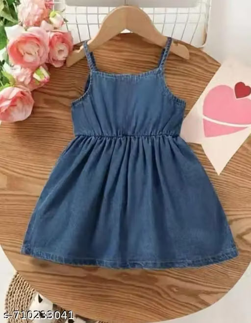 Baby Girls Denim Sleeveless Bow Dress with Heart Print