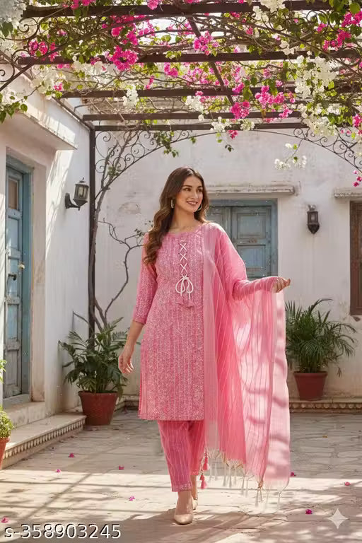 Women's Afghan Cotton Blend Kurta Set with Pant & Dupatta | Printed 3-Piece Ethnic Suit