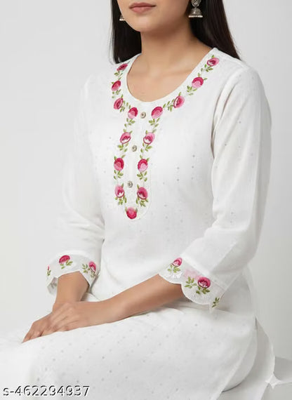Women's White Embroidered Khadi Cotton Kurti | Elegant Ethnic &amp; Everyday Wear