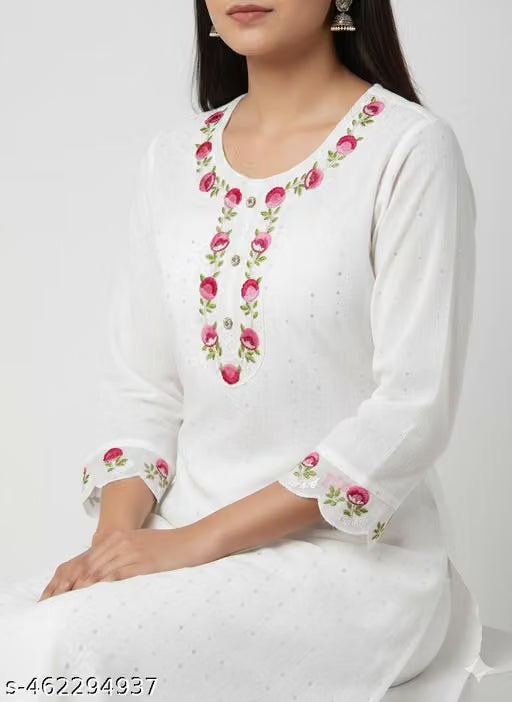 Women's White Embroidered Khadi Cotton Kurti | Elegant Ethnic &amp; Everyday Wear